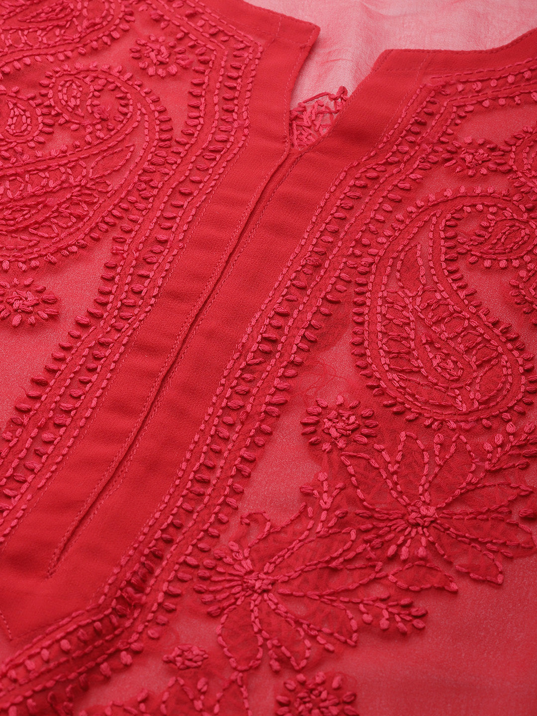 Red-Poly-Georgette-Embroidered-Chikankari-Kurta-With-Slip
