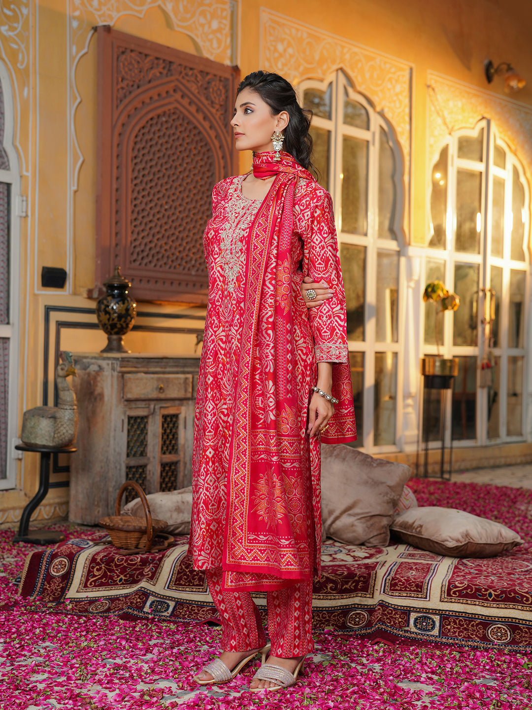 Red-Silk-Blend-Ikat-Embroidered-3-Piece-Kurta-Set