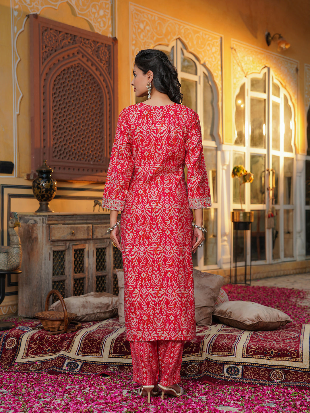 Red-Silk-Blend-Ikat-Embroidered-3-Piece-Kurta-Set
