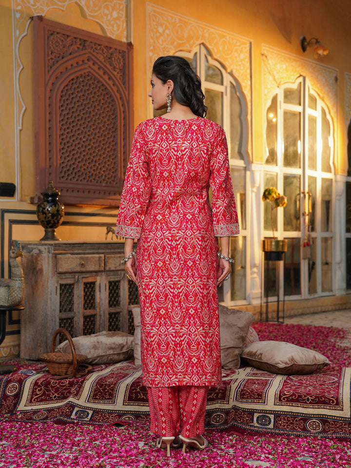 Red-Silk-Blend-Ikat-Embroidered-3-Piece-Kurta-Set