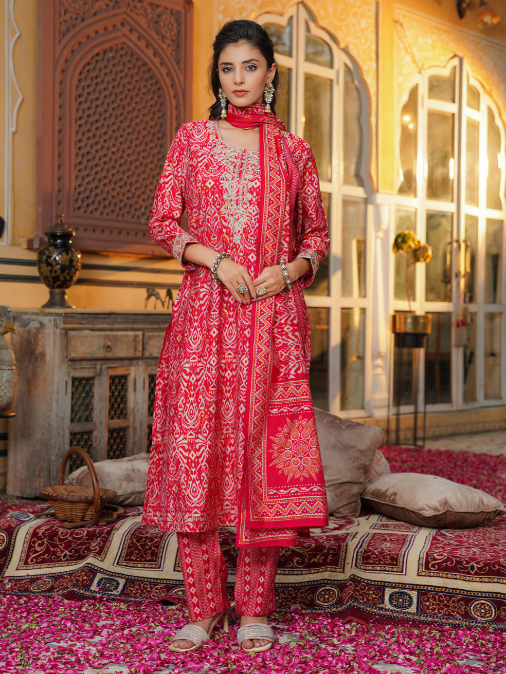 Red-Silk-Blend-Ikat-Embroidered-3-Piece-Kurta-Set