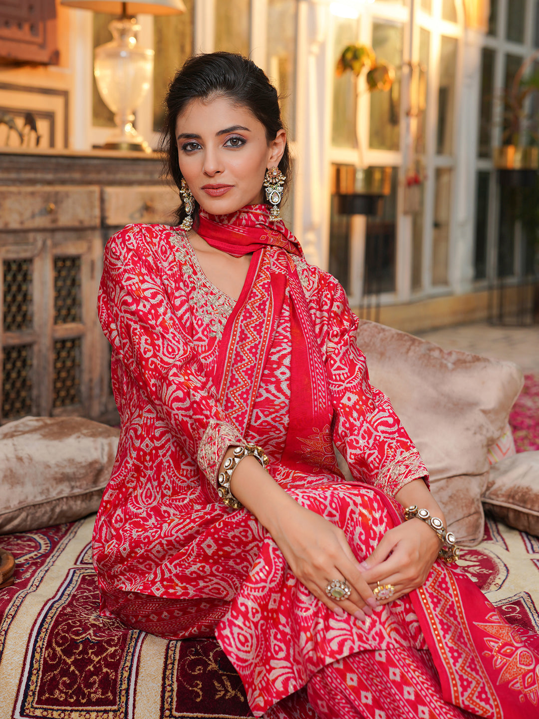 Red-Silk-Blend-Ikat-Embroidered-3-Piece-Kurta-Set