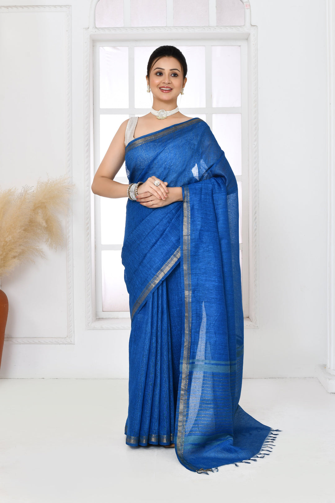 Royal-Blue-Tussar-Linen-Handloom-Saree