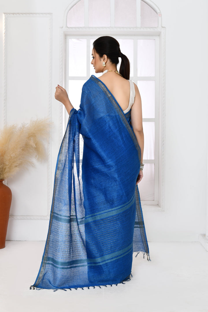Royal-Blue-Tussar-Linen-Handloom-Saree