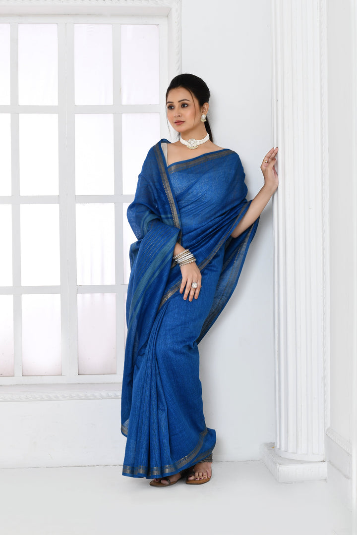 Royal-Blue-Tussar-Linen-Handloom-Saree