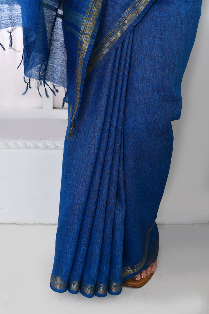Royal-Blue-Tussar-Linen-Handloom-Saree