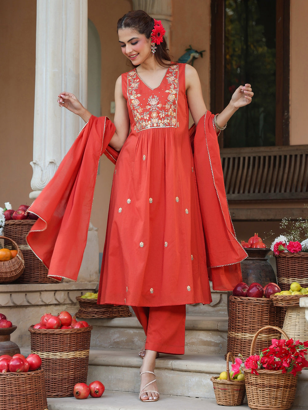 Rust-Cotton-A-Line-Embroidered-3-Piece-Kurta-Set