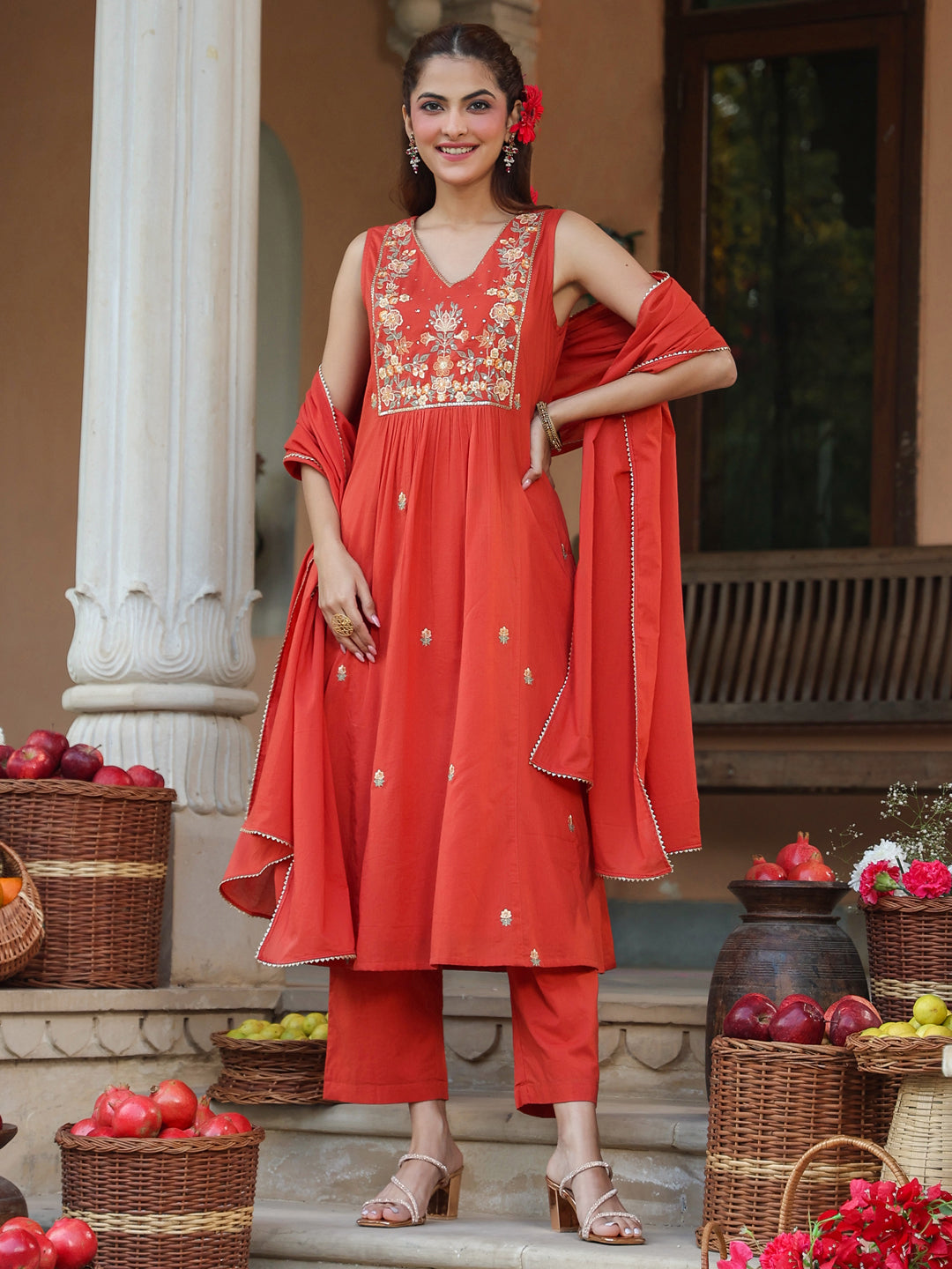 Rust-Cotton-A-Line-Embroidered-3-Piece-Kurta-Set