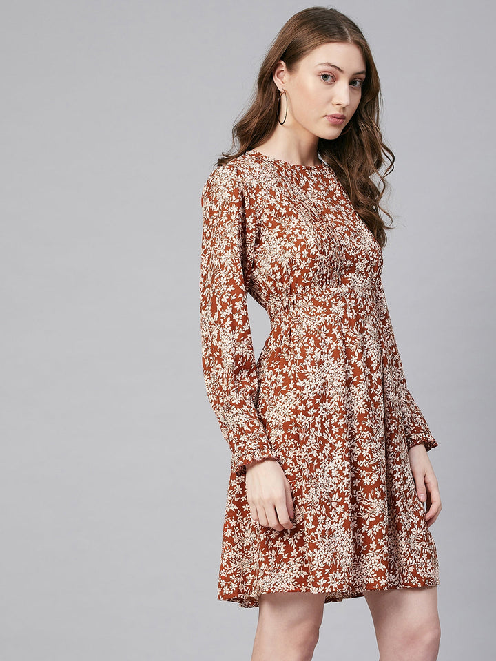 Rust-Polyester-Floral-Pintuck-Dress