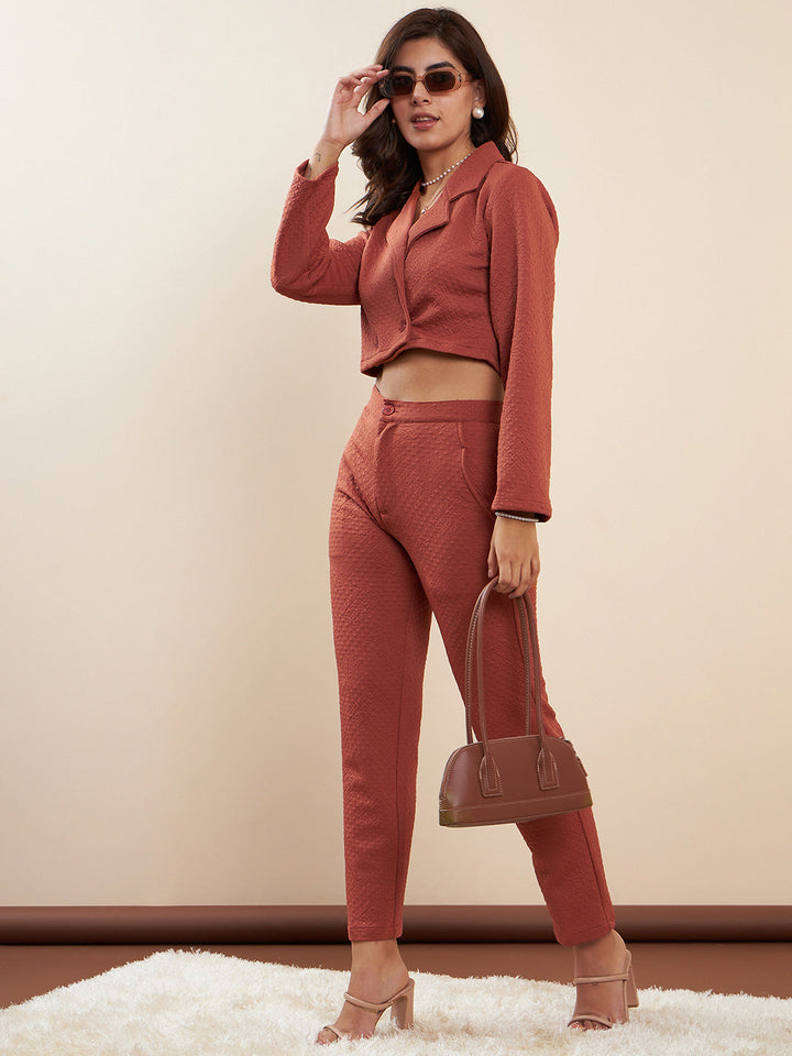 Rust-Polyester-Jacquard-Crop-Blazer-Co-Ord-Set