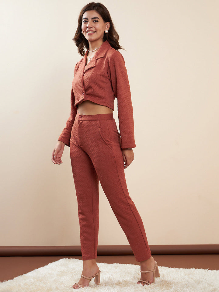 Rust-Polyester-Jacquard-Crop-Blazer-Co-Ord-Set