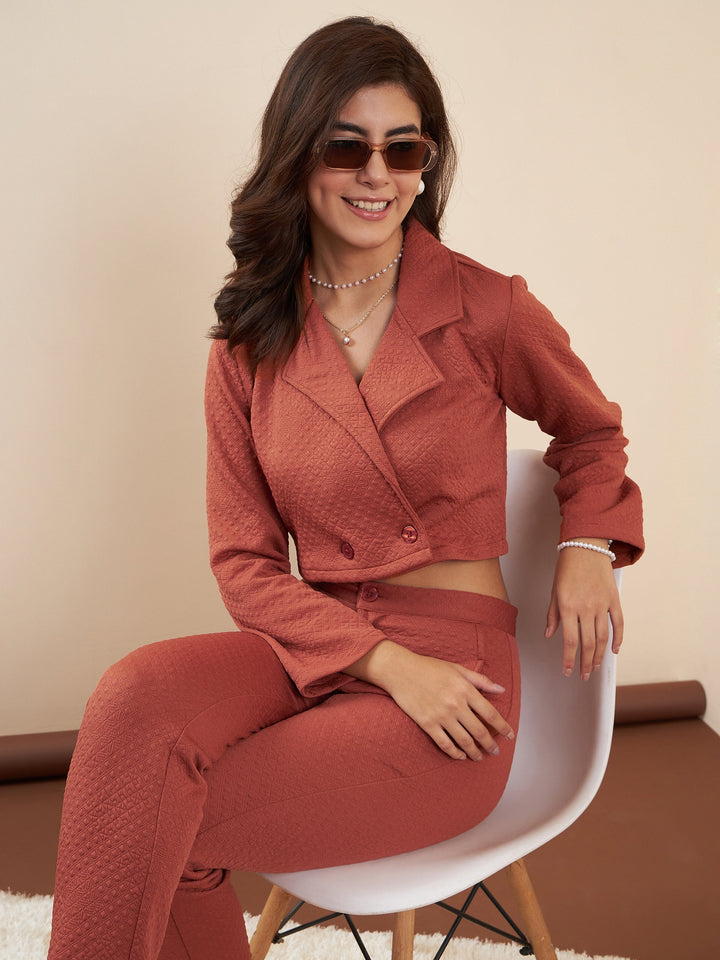 Rust-Polyester-Jacquard-Crop-Blazer-Co-Ord-Set