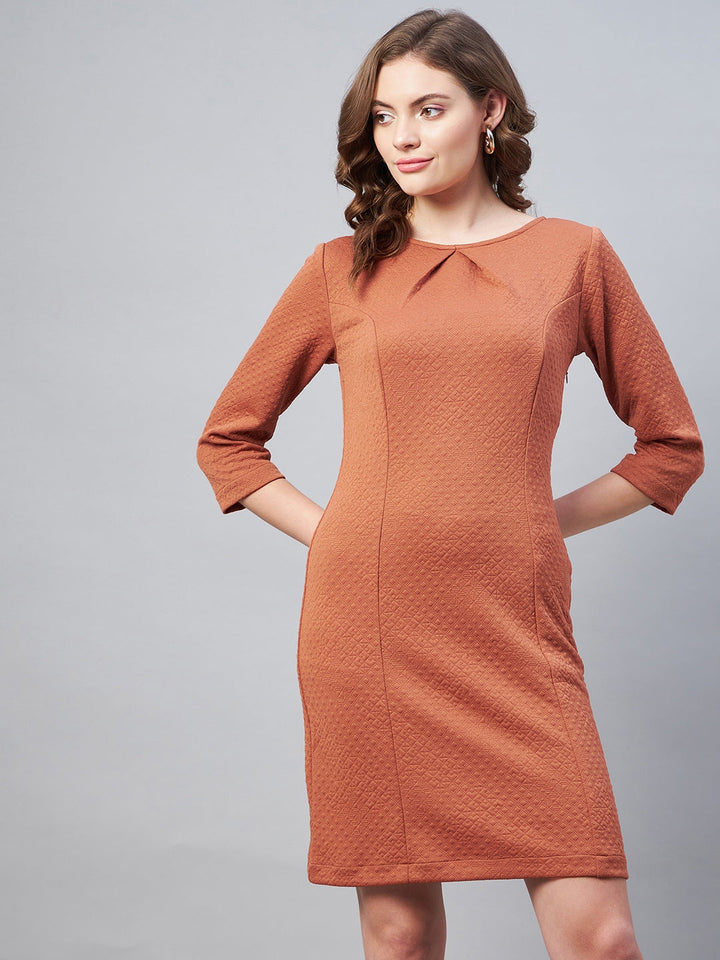 Rust-Polyester-Jacquard-Self-Design-Dress