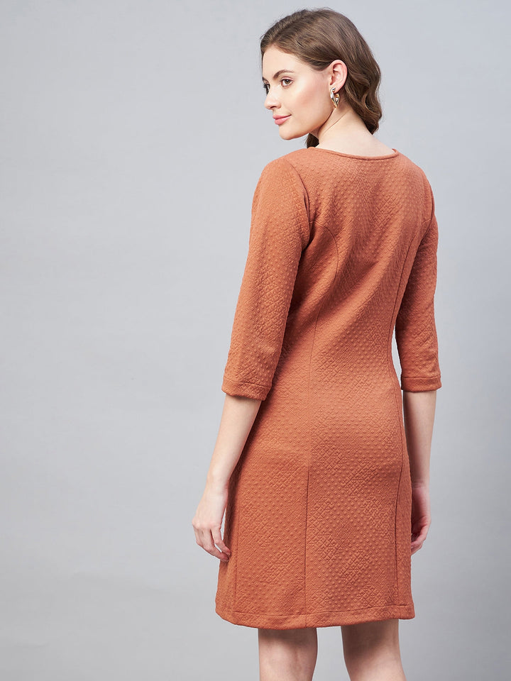 Rust-Polyester-Jacquard-Self-Design-Dress