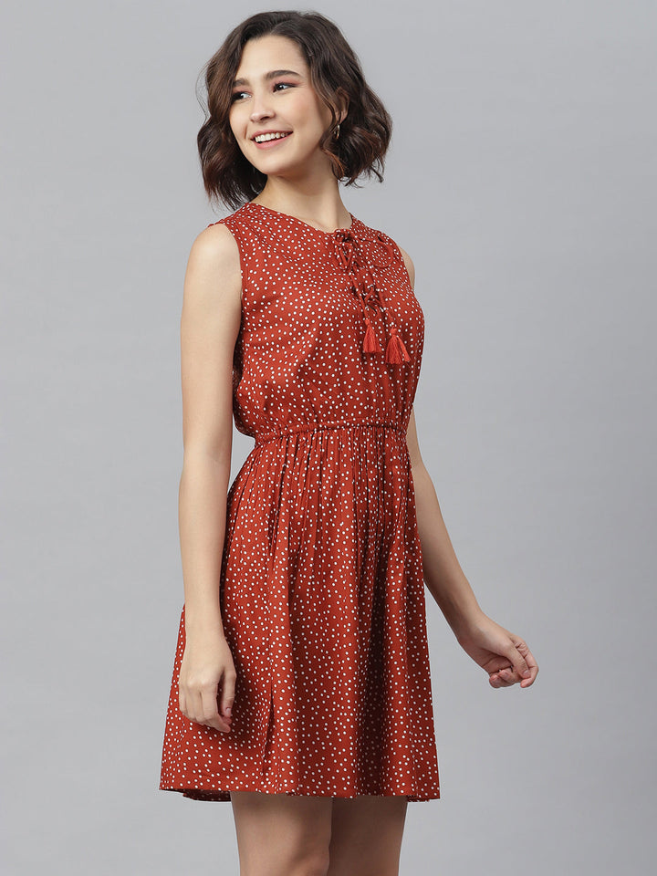 Rust-Rayon-Polka-Printed-Tie-Up-Dress