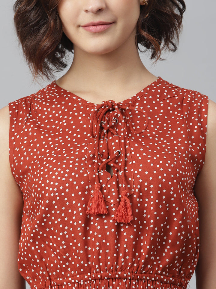 Rust-Rayon-Polka-Printed-Tie-Up-Dress