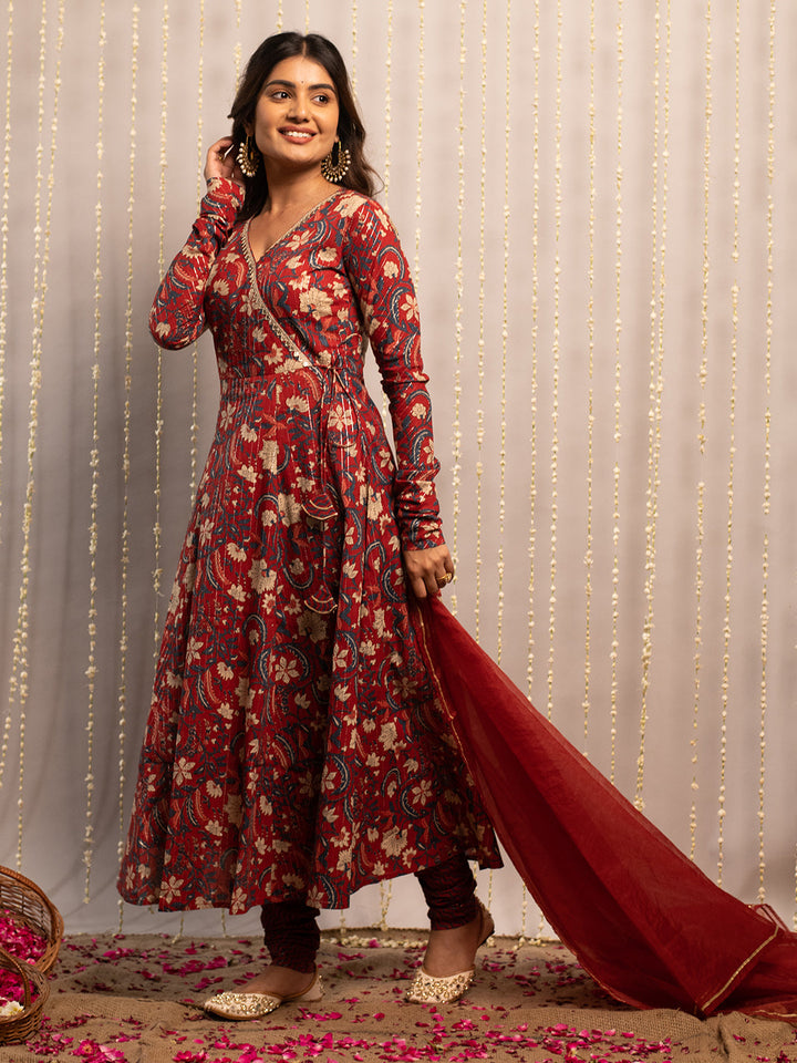 Red-Rust-Pure-Cotton-Flared-3-Piece-Anarkali-Set