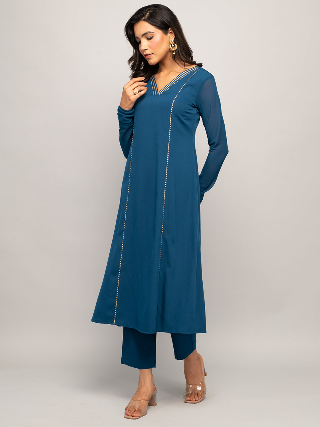 Teal-Blue-Crepe-A-line-3-Piece-Kurta-Set