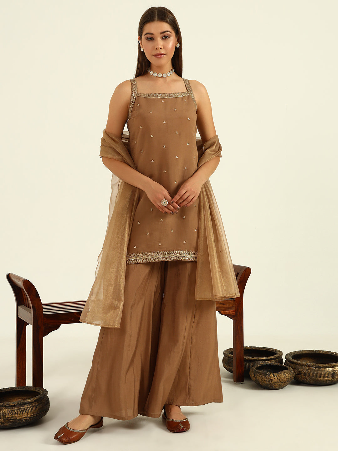 Brown-Viscose-Chanderi-Straight-3-Piece-Sharara-Set