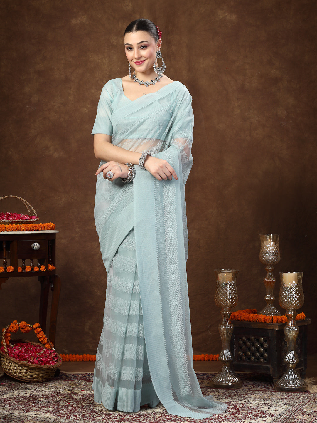 Aqua-Blue-Ethnic-Striped-Embroidered-Net-Saree