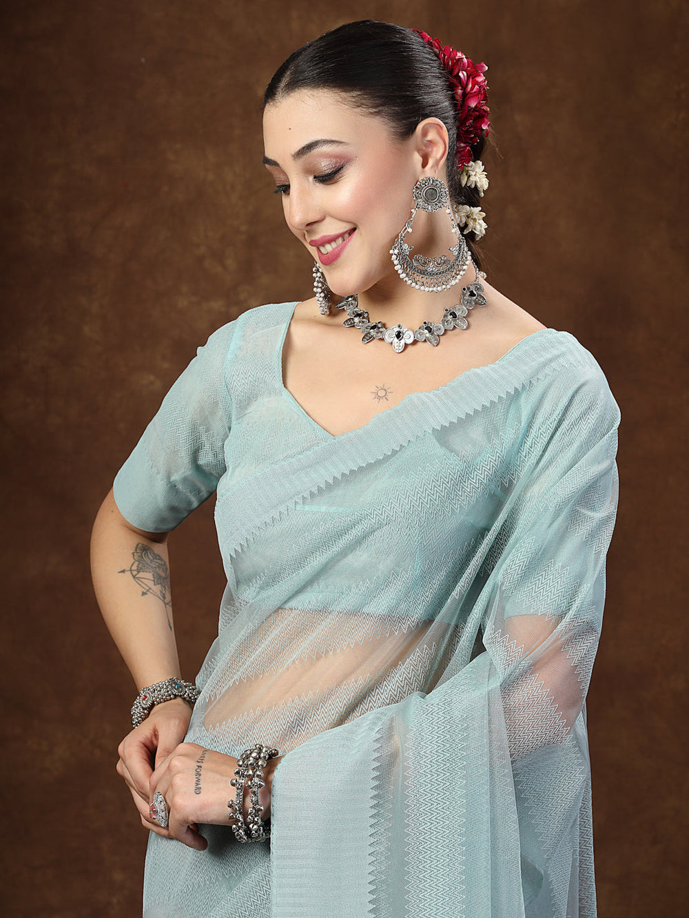 Aqua-Blue-Ethnic-Striped-Embroidered-Net-Saree