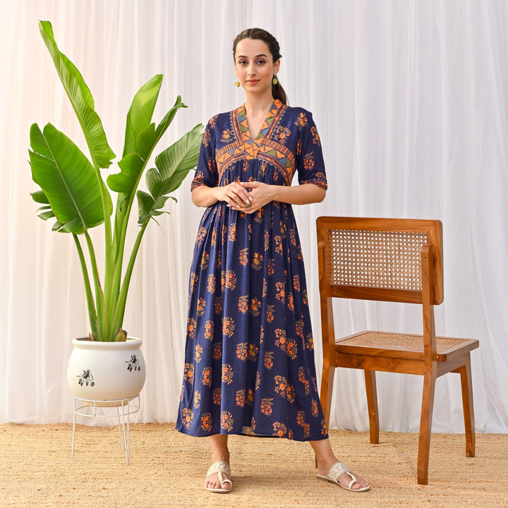 Peppy Blue V-Neck Alia Cut Gathered Dress