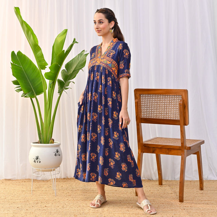 Peppy Blue V-Neck Alia Cut Gathered Dress