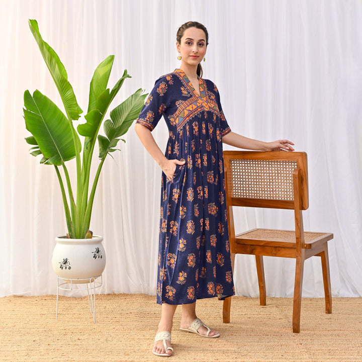 Peppy Blue V-Neck Alia Cut Gathered Dress