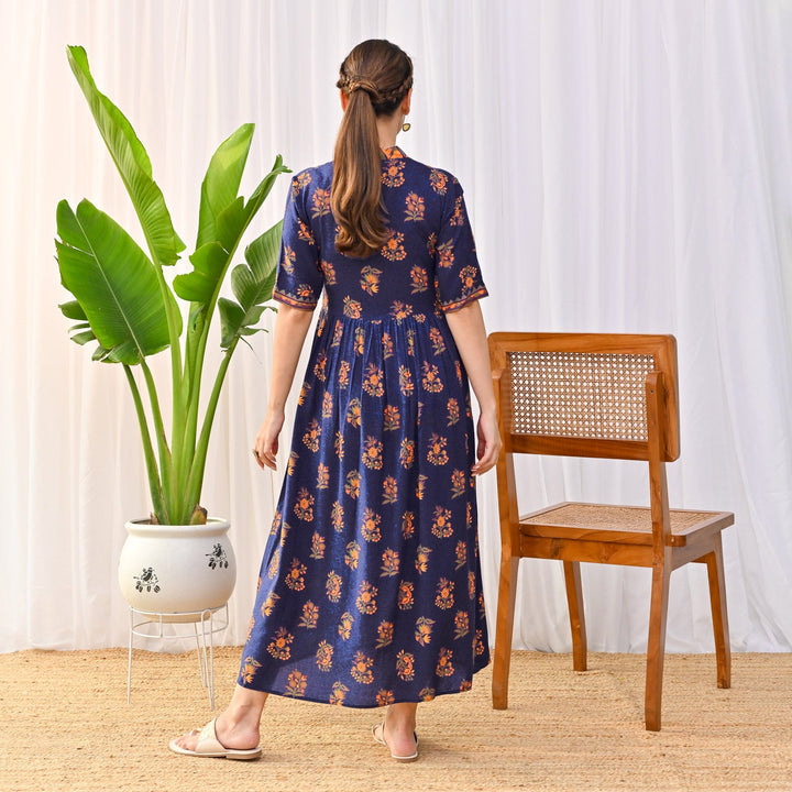 Peppy Blue V-Neck Alia Cut Gathered Dress