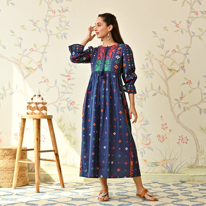 Navy Blue Cotton Jamdani Inspired Dress