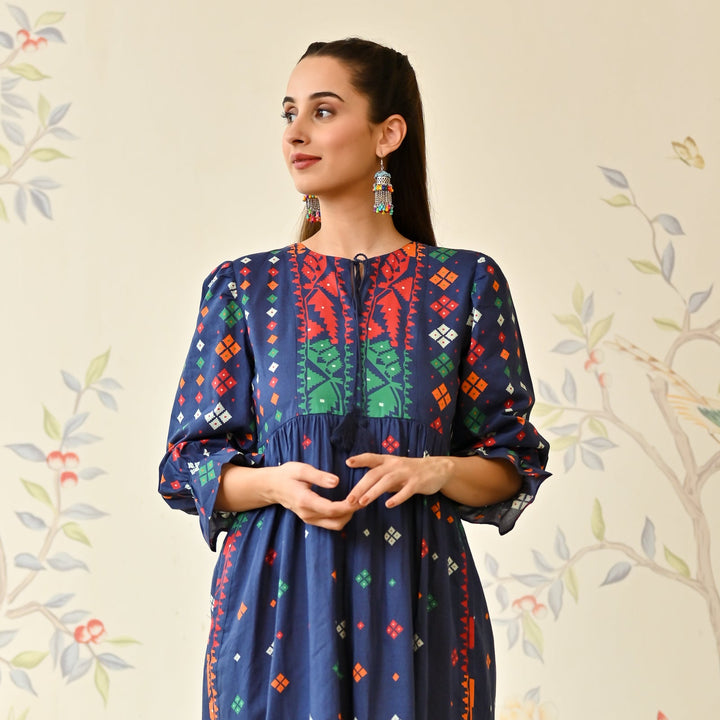 Navy Blue Cotton Jamdani Inspired Dress