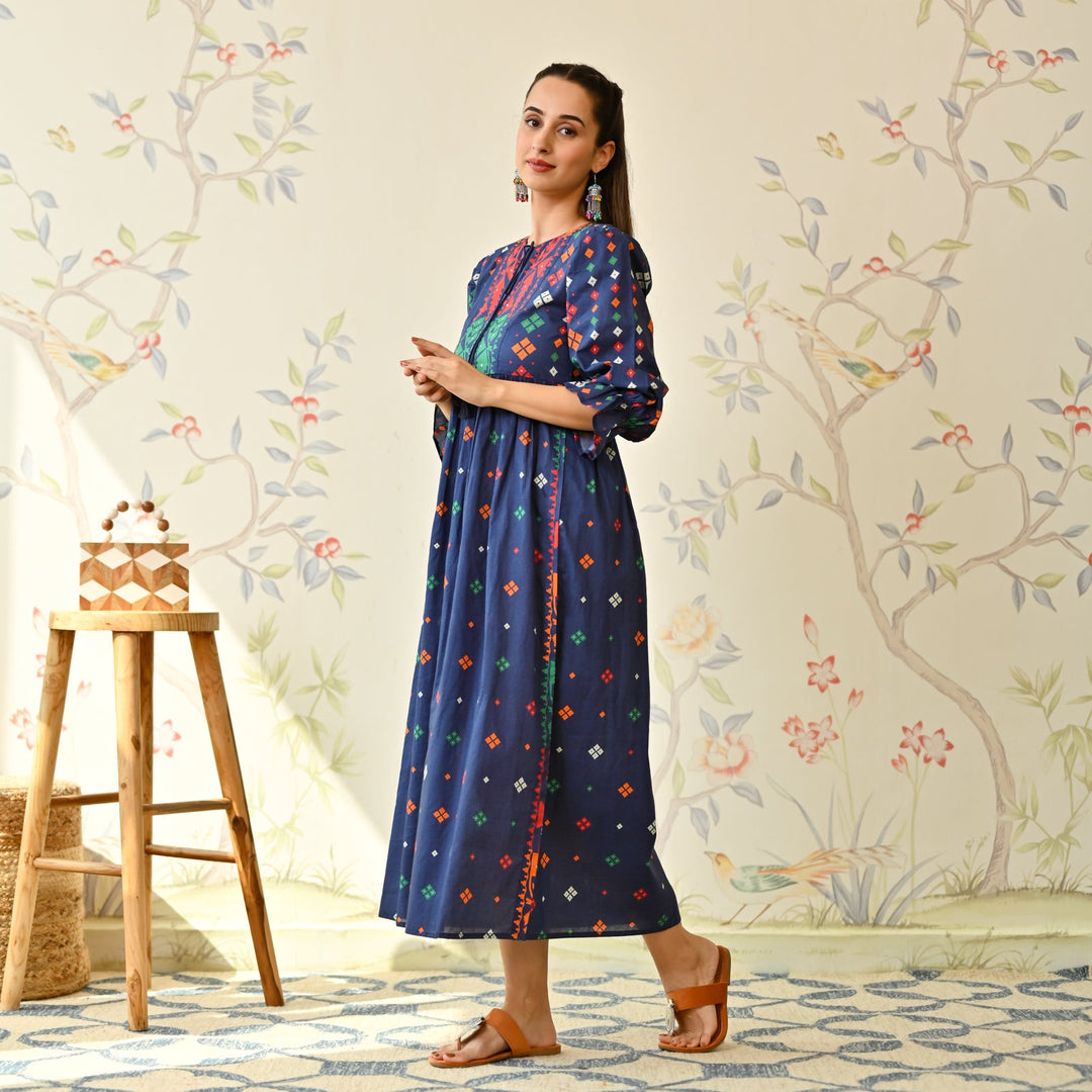 Navy Blue Cotton Jamdani Inspired Dress