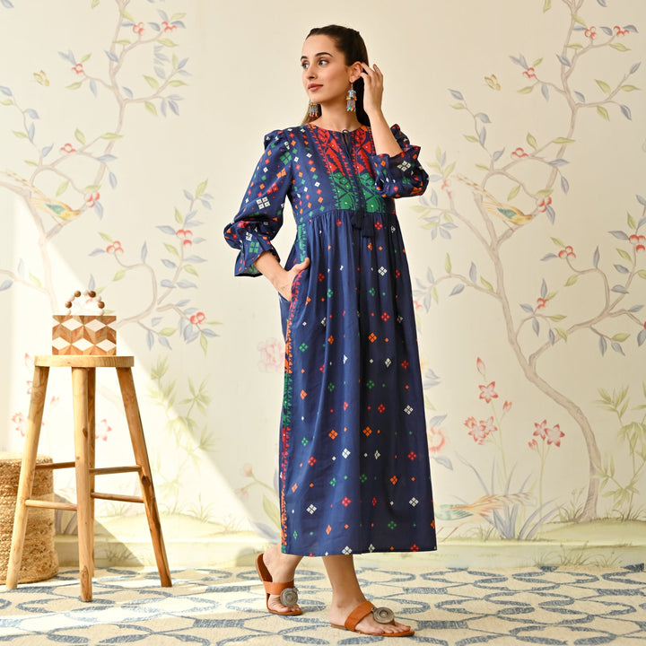 Navy Blue Cotton Jamdani Inspired Dress