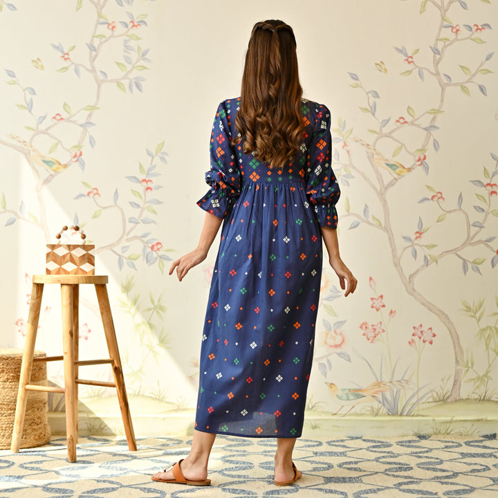 Navy Blue Cotton Jamdani Inspired Dress