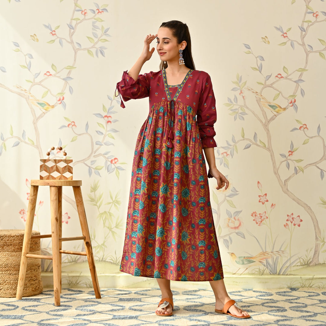 Maroon Cotton Floral Printed Dress With Puff Sleeves