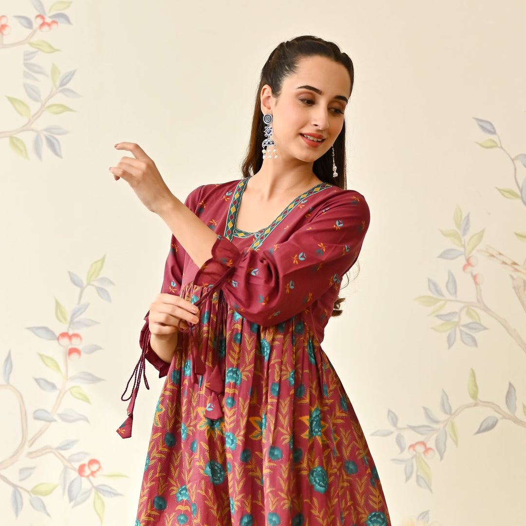 Maroon Cotton Floral Printed Dress With Puff Sleeves