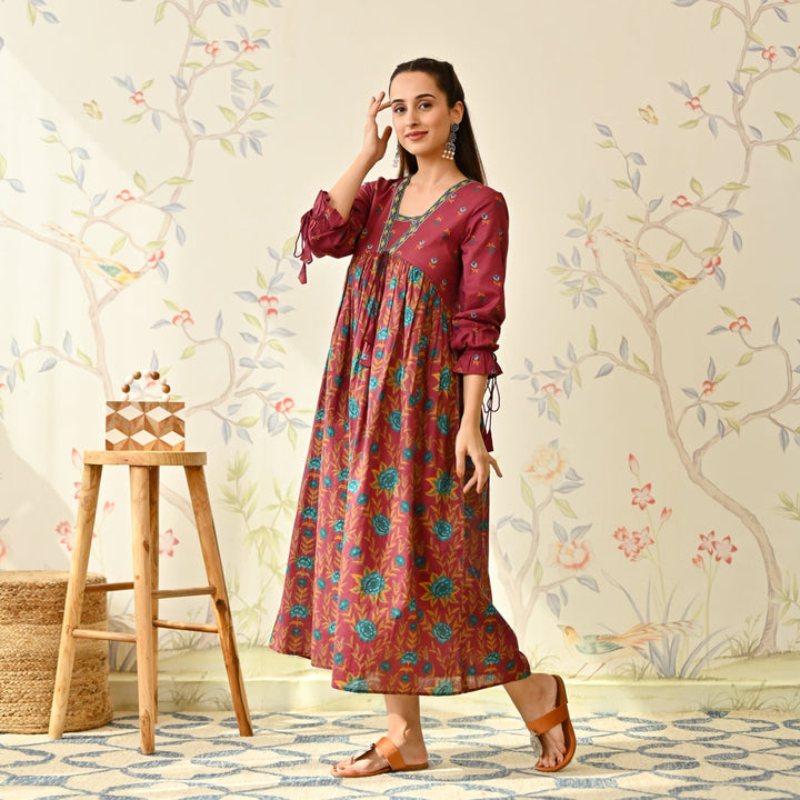 Maroon Cotton Floral Printed Dress With Puff Sleeves
