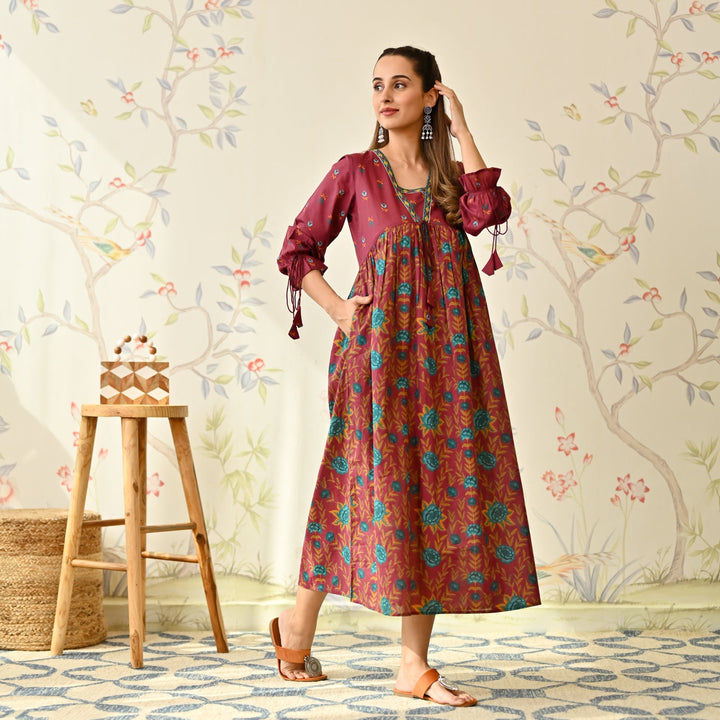 Maroon Cotton Floral Printed Dress With Puff Sleeves
