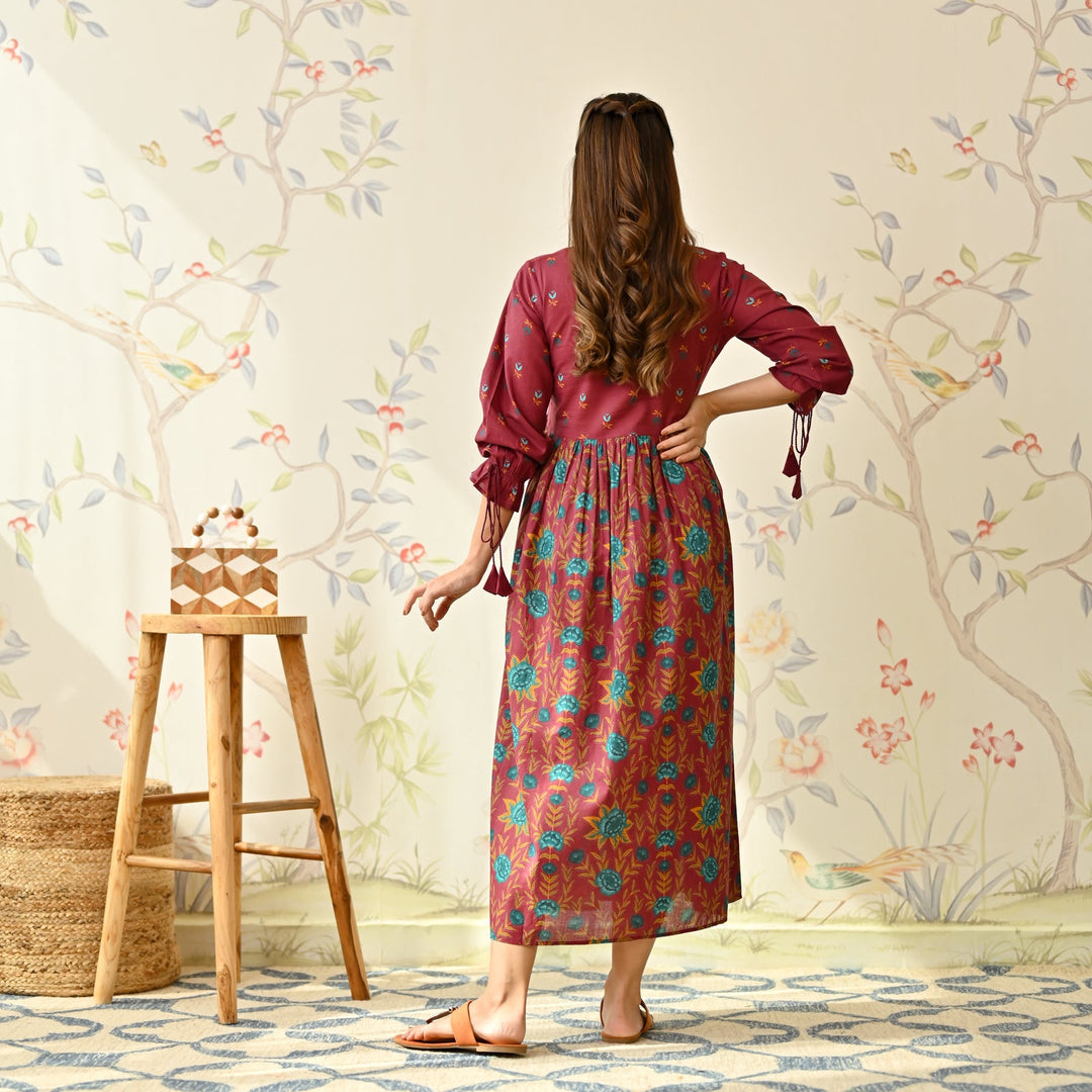 Maroon Cotton Floral Printed Dress With Puff Sleeves
