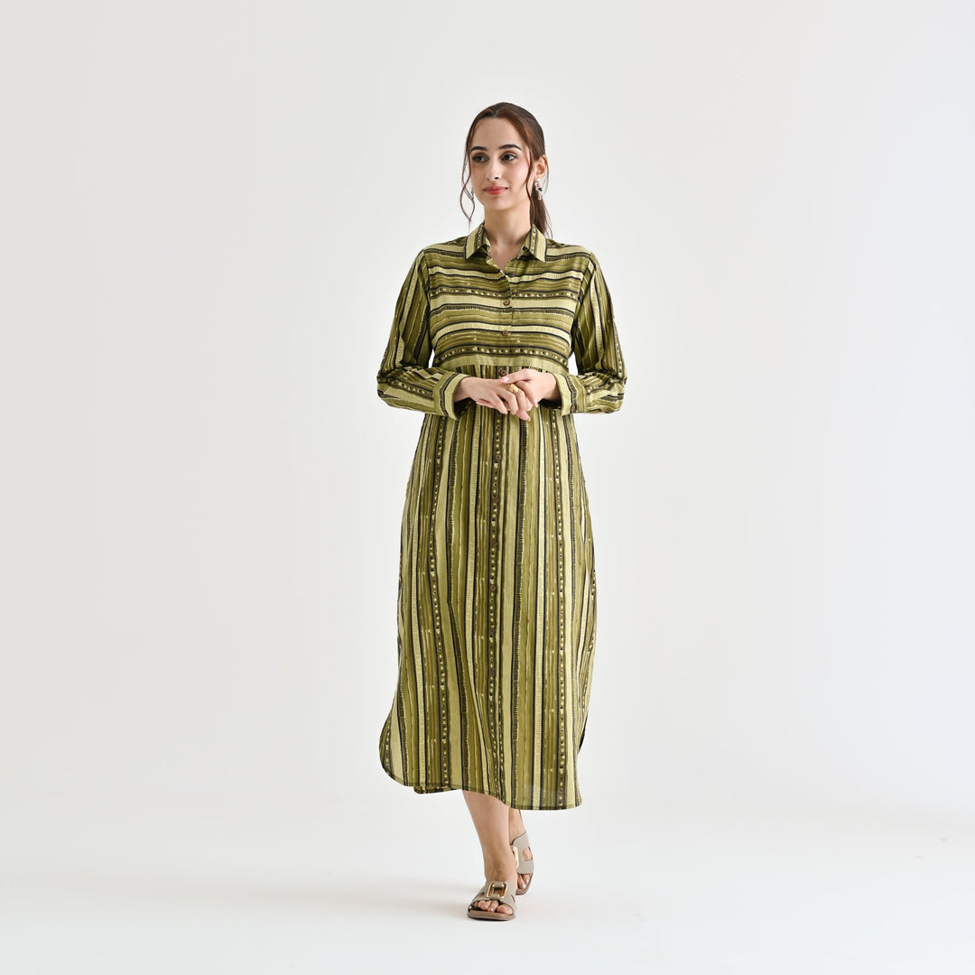 Olive Cotton Sanganeri Printed Kurta Dress