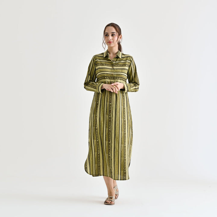 Olive Cotton Sanganeri Printed Kurta Dress