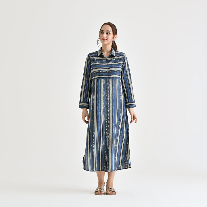 Indigo Cotton Sanganeri Printed Kurta Dress