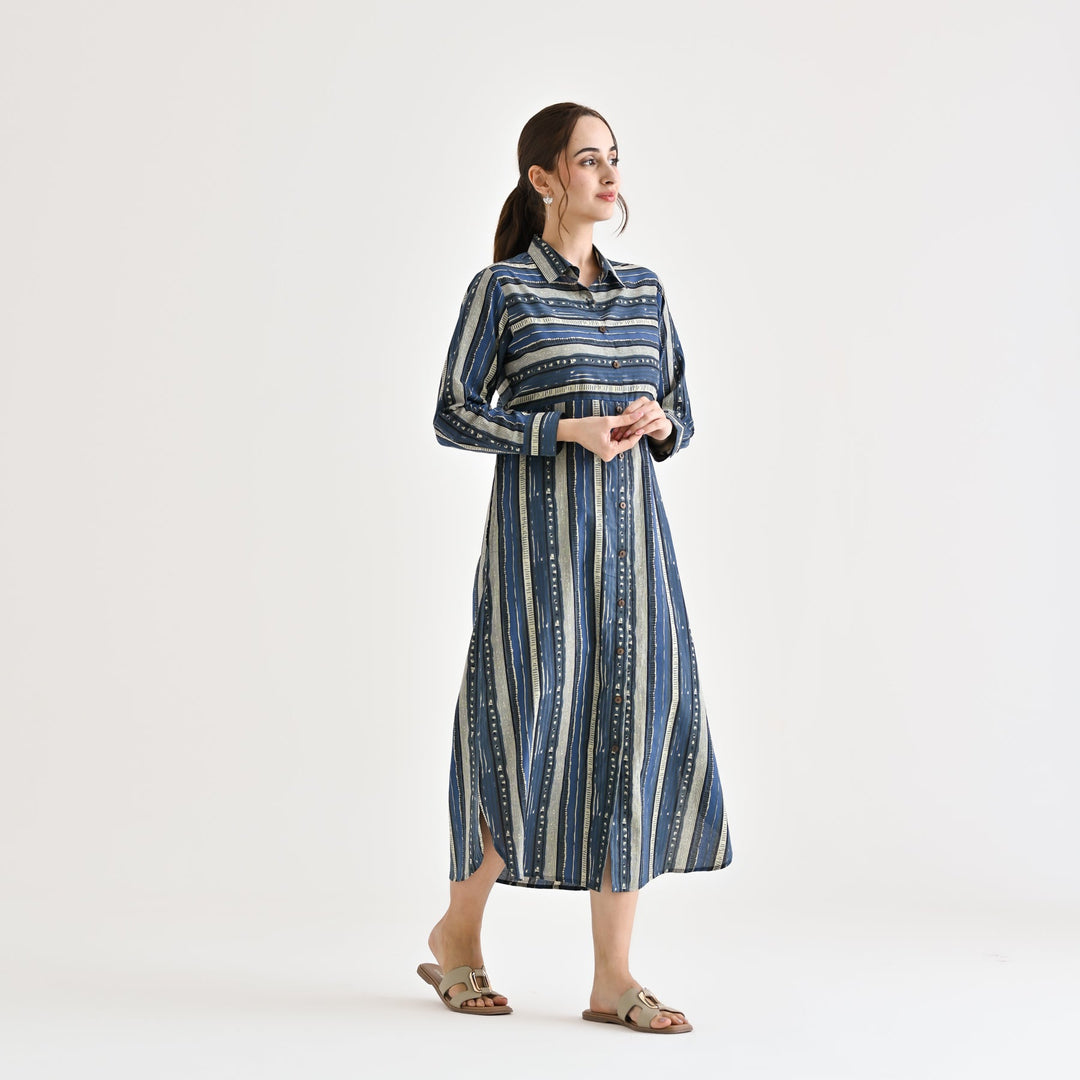 Indigo Cotton Sanganeri Printed Kurta Dress