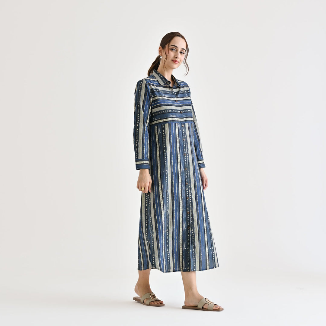 Indigo Cotton Sanganeri Printed Kurta Dress