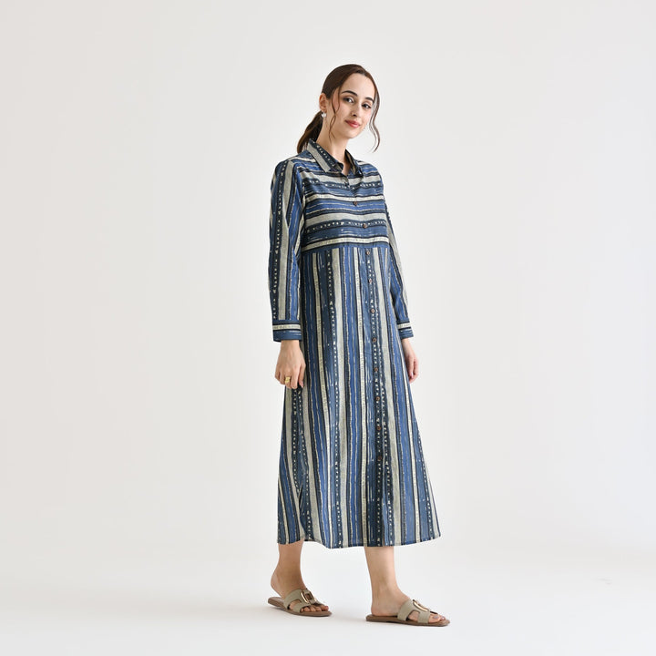 Indigo Cotton Sanganeri Printed Kurta Dress