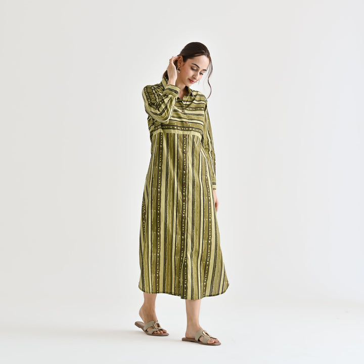 Olive Cotton Sanganeri Printed Kurta Dress