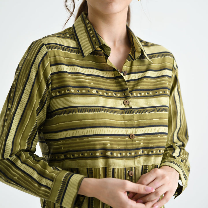 Olive Cotton Sanganeri Printed Kurta Dress