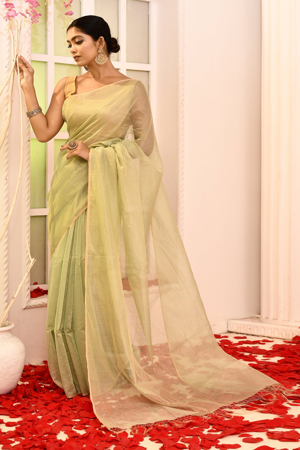 ZERESOUQ-Sea-Green-Maheshwari-Tissue-Small-Golden-Checks-Saree