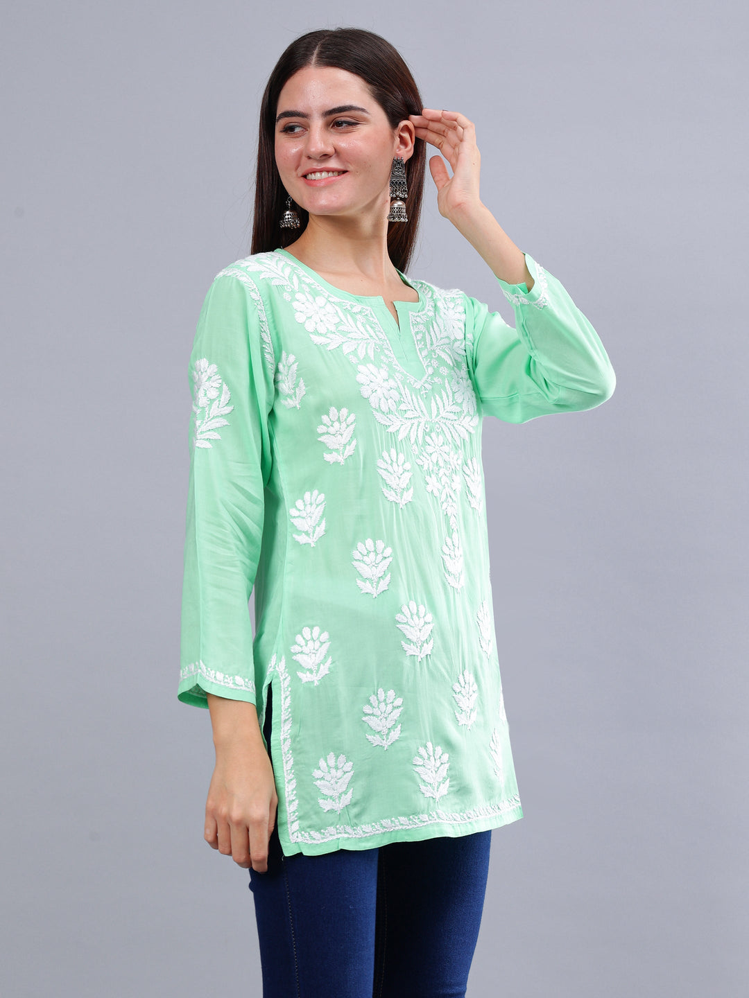 Sea-Green-Modal-Embroidered-Chikankari-Short-Tunic