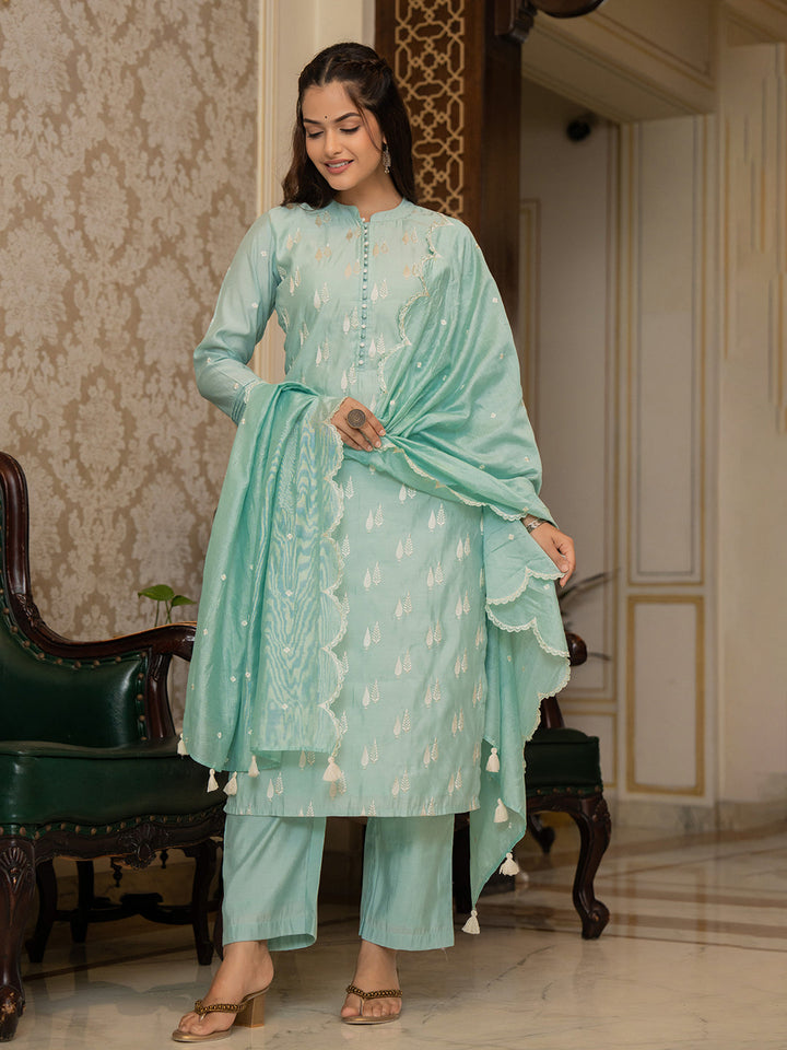 ZERESOUQ-Sea-Green-Silk-Blend-Embroidered-Straight-3-Piece-Kurta-Set